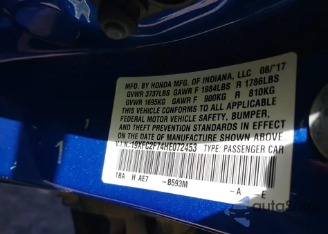 2017 Honda Civic Ex from USA, damaged, VIN 19XFC2F74HE072453